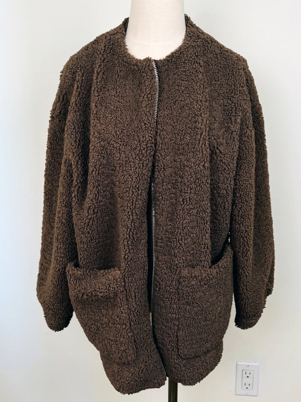 Zara Women’s Brown Teddy Sherpa Coat Jacket Size S Oversized Zip Front